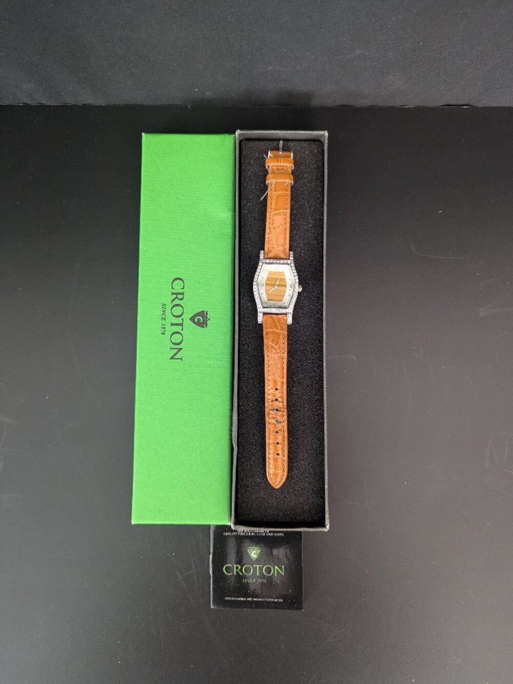 Ladies Croton Sparkly Rectangle Honey Brown Leather Analog Watch